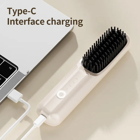 NNEDSZ Black Wireless Hair Straightening Brush - Portable 2-in-1 Styling Tool with USB Charging, Ceramic Heat Technology, and Compact Design